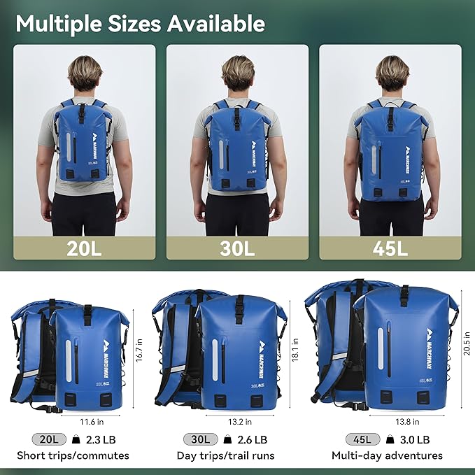 MARCHWAY Roll Top Waterproof Backpack Floating Dry Bag 20L/30L/45L with Ergonomic Rectangular Base Cushioned Back Hip Strap for Hiking Camping Kayaking Travel (Blue 20L)