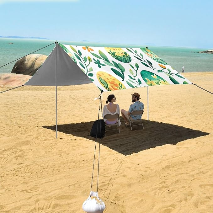 Easter Day Watercolor Eggs Beach Tent Sun Shelter Set UPF50+ UV Protection 10.5 x 9.19 FT Camping Shade Canopy with Sandbags Sand Anchors Carrying Bag and Others