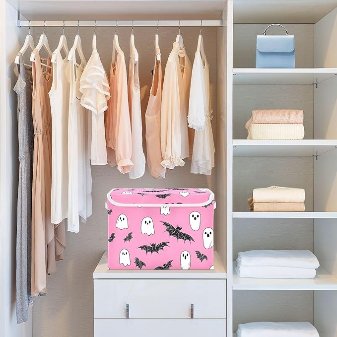 Storage Cube with Lid Halloween Bats Print 16.5×12.6×11.8 IN Collapsible Large Capacity Foldable Storage Basket Bin Organizer