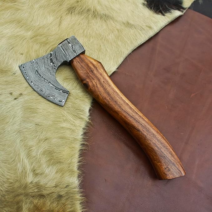 Nesmo - 012 Handmade Damascus Steel 11'' Mini Axe with Wooden Handle for Splitting and Cutting Wood Camping Axe Throwing Axe Vikinng AxeOutdoor Survival &amp Gift for Men