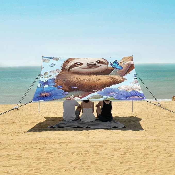 ALAZA Sloth Butterfly Flower Beach Tent Sun Shelter Portable Canopy Sunshade for Outdoor Camping Picnics Backyard Fun 10x9 ft