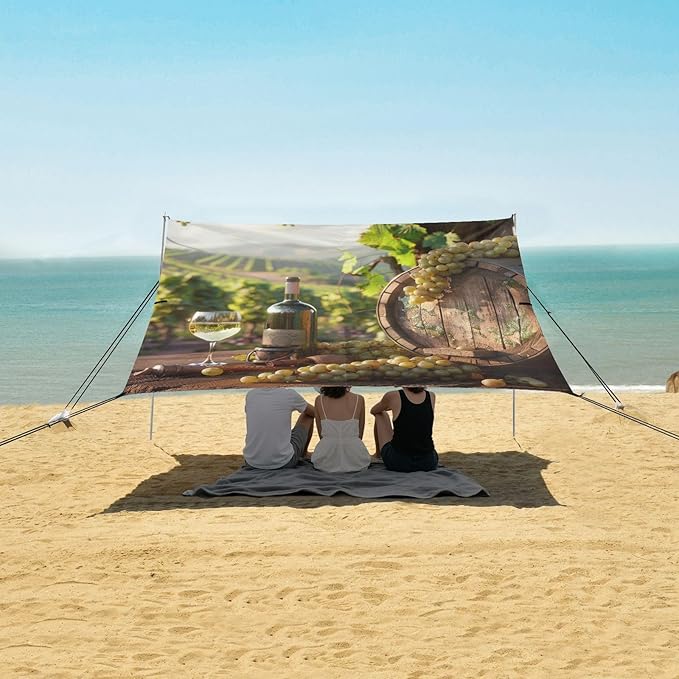 ALAZA White Wine with Barrel on Vineyard Beach Tent Sun Shelter Portable Canopy Sunshade for Outdoor Camping Picnics Backyard Fun 10x9 ft