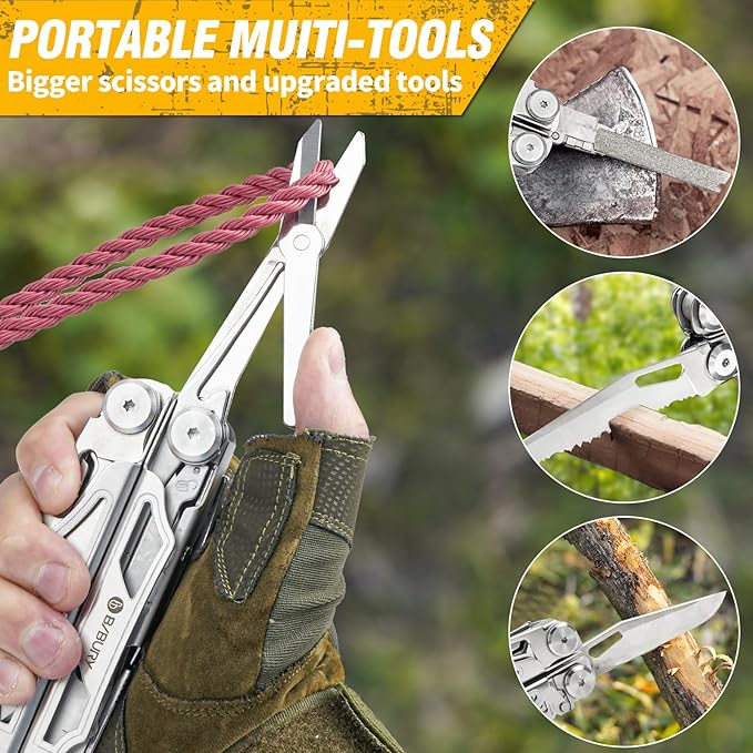 BIBURY Multitool Pliers Pro BI2045 Stainless Steel Multi Tool Pliers with Replaceable Wire Cutters and Saw Foldable Multitools with Scissors and Screwdriver Ideal for CampingSurvival Repair