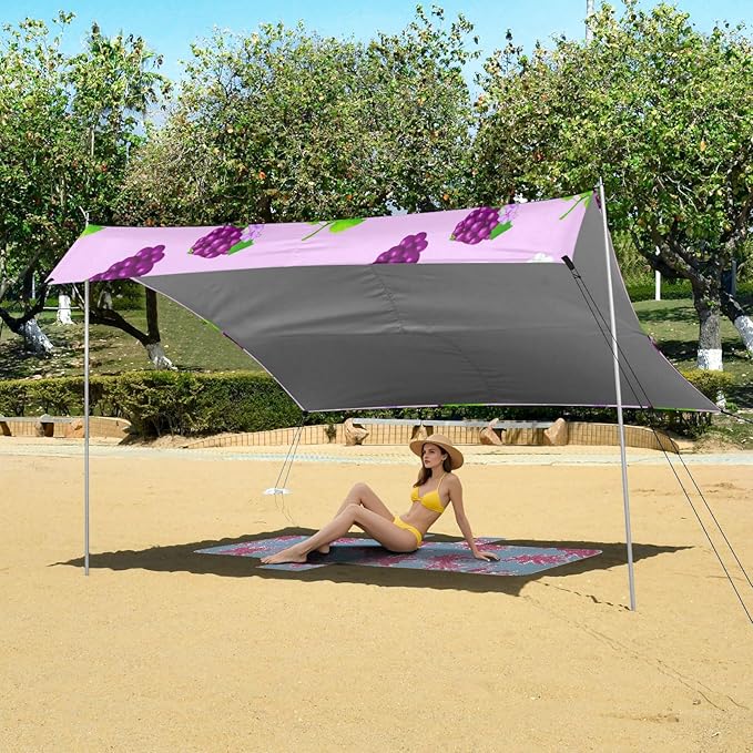 xigua Grape Beach Tent Sun Shelter with Carrying Bag - Silver Coated Oxford Fabric Beach Canopy for Beach Camping Fishing - Includes Windproof Ropes Sandbags &amp Stakes