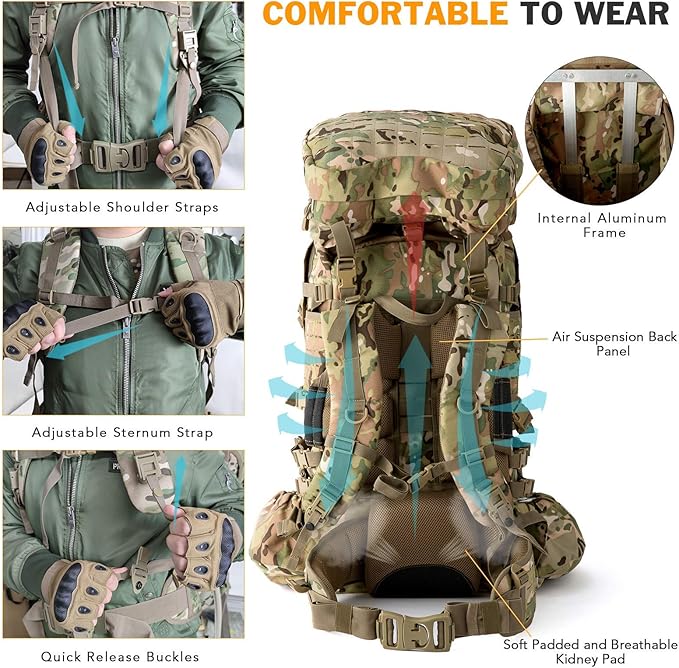 MT Military Army Large Rucksack with Detacheable Assault Backpack Hydration Pack Shoulder Straps and Waist Belt Metal Frame | Detacheable Hydration Pack Shoulder Straps Waist Belt Metal Frame