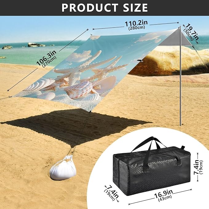 ALAZA Starfish and Seashells Beach Blue Sky Beach Tent Sun Shelter Portable Canopy Sunshade for Outdoor Camping Picnics Backyard Fun 10x9 ft