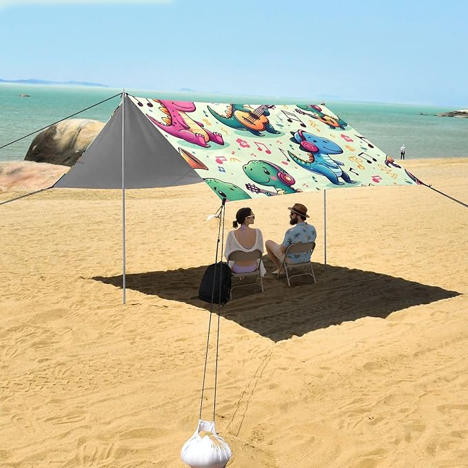ALAZA Dinosaur Dino Music Beach Tent Sun Shelter UPF50+ Protection Beach Shade Canopy w/ 4 Sandbags for Outdoor Camping Fishing Backyard Fun Picnic 10x9 ft