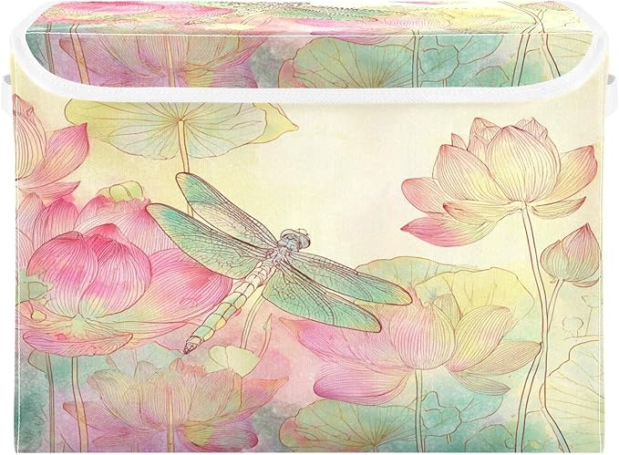 Dragonfly Lotuses Yellow Collapsible Storage Bins with Lids Decorative Fabric Cubes Closet Organizer Basket Boxes Containers for Clothes Box Chest Folding Rectangle