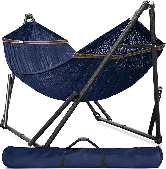 Tranquillo Universal Double Hammock with Stand Included for 2 Persons/Foldable Hammock Stand 600 lbs Capacity Portable Case - Inhouse Outdoor Camping Aegean