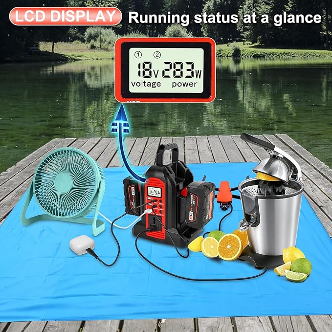 DC 18V to AC 120V Power Inverter Compatible with Milwaukee M18 18V Battery 350W Pure Sine Wave Portable Power Inverter Converter with LCD Display and LED Light 2 Battery Port