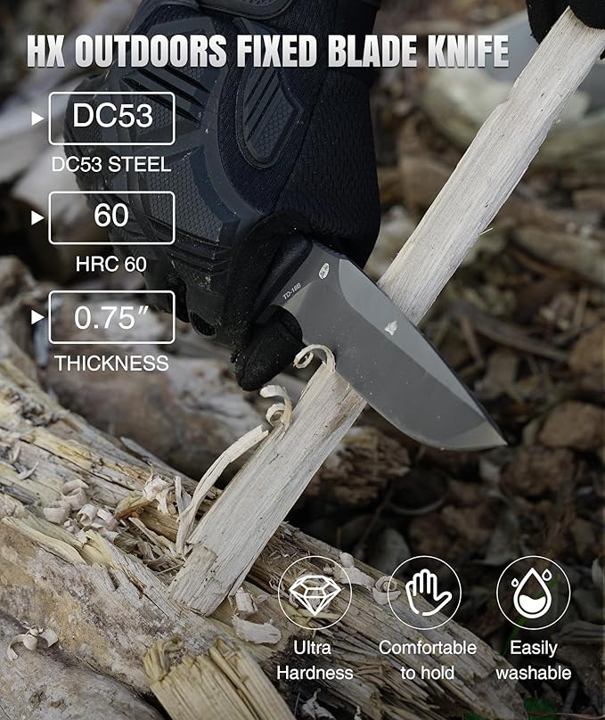 HX OUTDOORS Fixed Blade Camping Knife with Fire Starter Premium DC54 Steel Full Tang Bushcraft Survival Knife with Kydex Sheath for EDCOutdoorCampingHiking