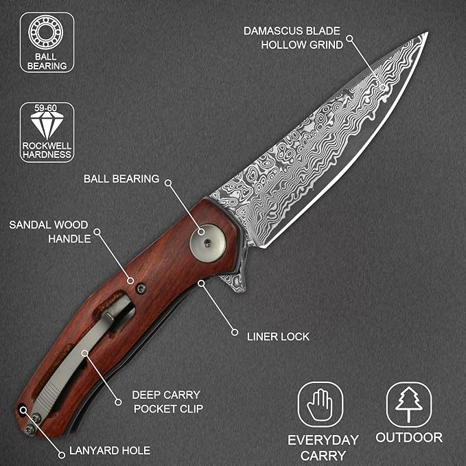 AUBEY Damascus Pocket Knife with Wooden Handle for EDC Camping Collection