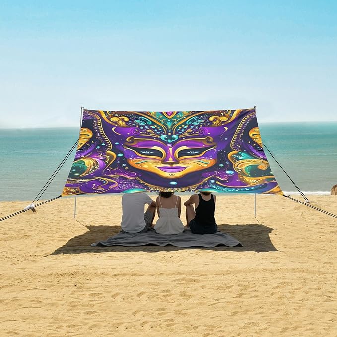 Mardi Gras Carnival Jewel Feather Lipstick1 Foldable Beach Cabana UPF50+ Water-Resistant Shade Sun Shelter with Sand Shovel for Backyard and Camping