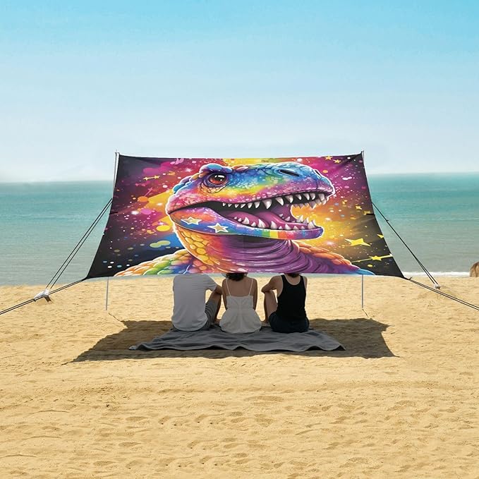 ALAZA Dinosaur with Rainbow Sparkles Star Beach Tent Sun Shelter Portable Canopy Sunshade for Outdoor Camping Picnics Backyard Fun 10x9 ft