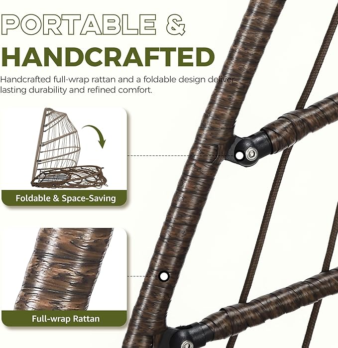 RADIATA Wicker Egg Swing Chair with Stand for Outside Outdoor Comfy Hanging Egg Patio Chairs with Thick Cushion 350Lbs Durable Swinging Rattan Chair for Bedroom Porch Backyard Balcony Brown Tan