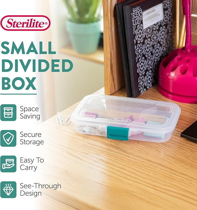 STERILITE 17248612 Small Divided Box Clear Case with Colored Latch 12-Pack