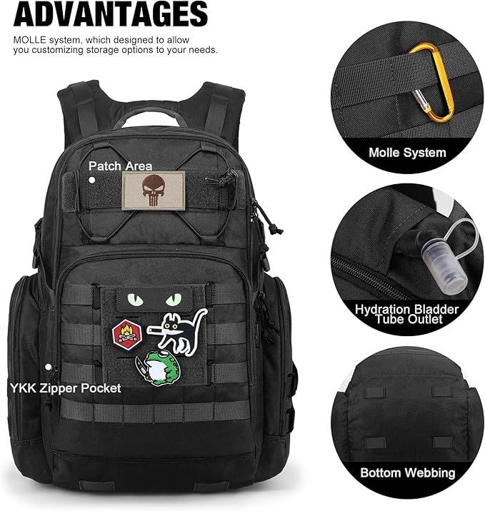 Mardingtop Military Tactical Backpack for Men 40L Molle Rucksack EDC Daypack for HikingTravelCamping Hunting(With 10Pcs Patches and 3Pcs Buckles)