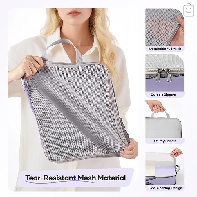 Veken 9/11 Set Compression Packing Cubes for Travel EssentialsCompressible Expandable Large Luggage Suitcase Organizer Bags for ClothingDurable Space Saver Storage Bags(Purple Gray)