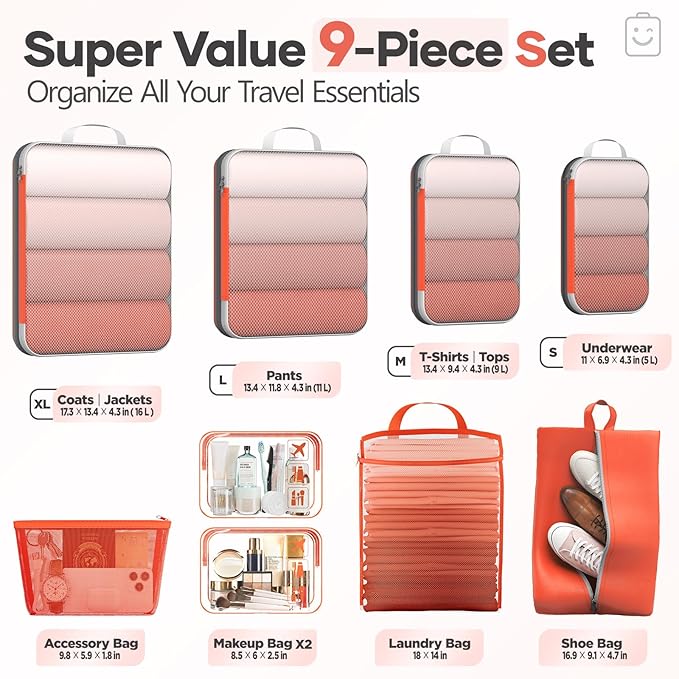 Veken 9/11 Set Compression Packing Cubes for Travel EssentialsCompressible Expandable Large Luggage Suitcase Organizer Bags for ClothingDurable Space Saver Storage Bags with Toiletry Bags(Orange)