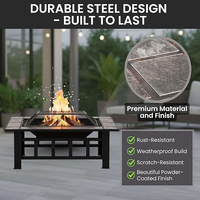 Fire Pit Set Wood Burning Pit -Includes Screen Cover and Log Poker- Great for Outdoor and Patio 37” Marble Tile Rectangular Firepit by Pure Garden