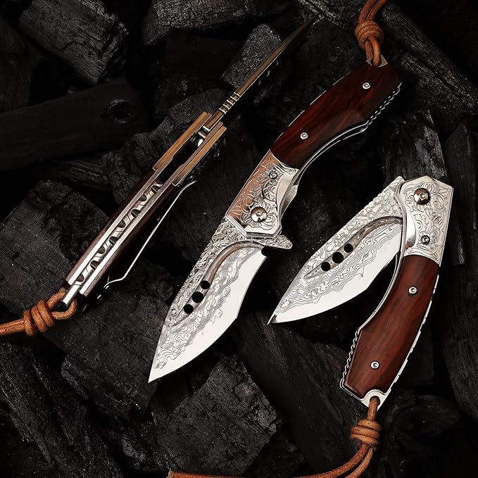 Handmade Japanese Damascus Steel Pocket Folding Knife with Leather Cover and Pocket Clip 2.87-inch Outdoor Camping Fishing Portable Pocket Knife