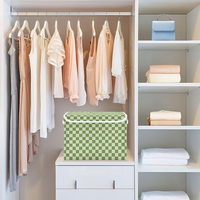 Light Green Checkerboard Storage Baskets Lidded Bin Foldable Storage Boxes Cubes Lids with 2 Handles for Organizing Closet Home Office