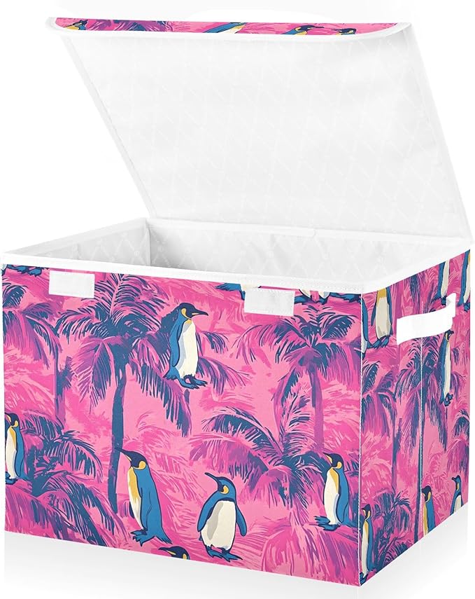 Storage Cube with Lid Tropical Penguin Print 16.5×12.6×11.8 IN 1 Pack Collapsible Large Capacity Foldable Storage Basket Bin Organizer