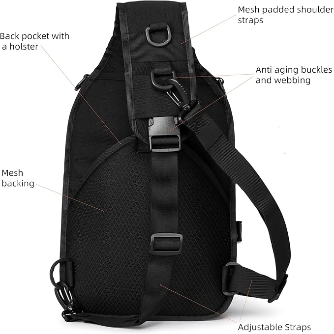AMHEH 15L 1050D Tactical Sling Bag - Everyday Carry Crossbody Backpack with MOLLE and Concealed Back Pocket Fits 12 Laptop Black