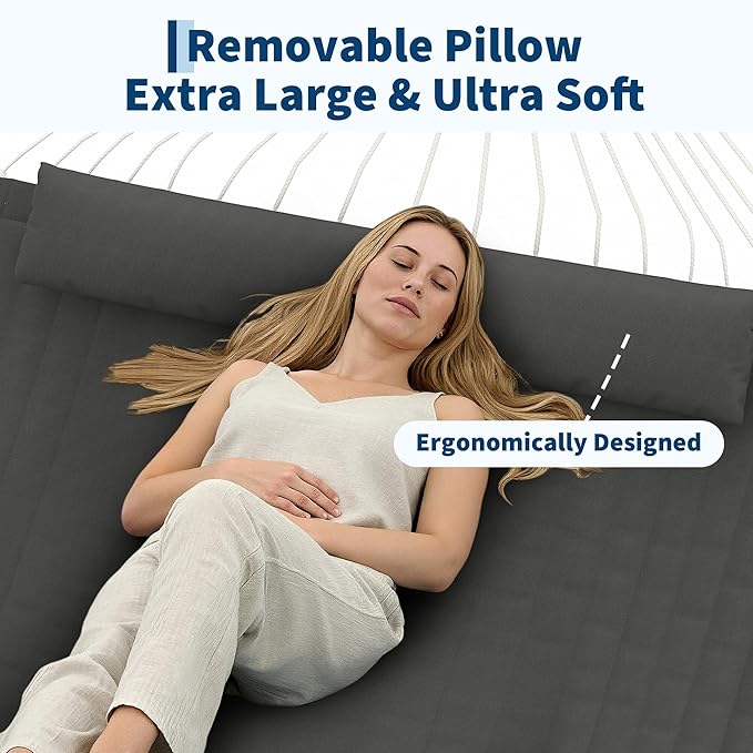12 FT Double Quilted Fabric Hammock with Spreader Bar &amp Detachable Pillow 450 LBS Capacity 2 Person Hammock Indoor Outdoor for Patio Backyard Poolside Garden