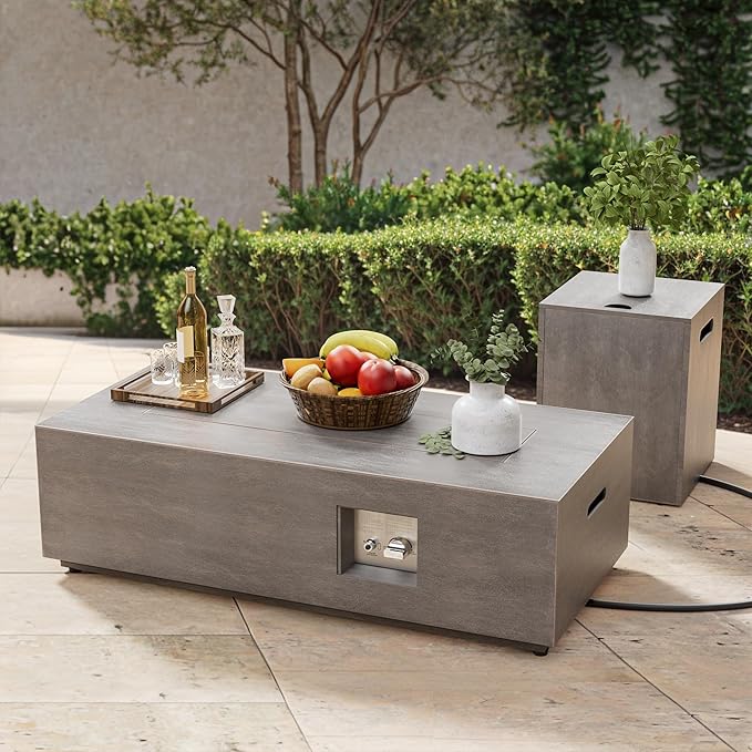 2-Piece 42 Rectangular Propane Fire Pit for Outside Patio with Hidden Tank Table 50000 BTU Fireplaces with Glass Wind Guard Lid Glass Rocks Cover(Sand Beige)