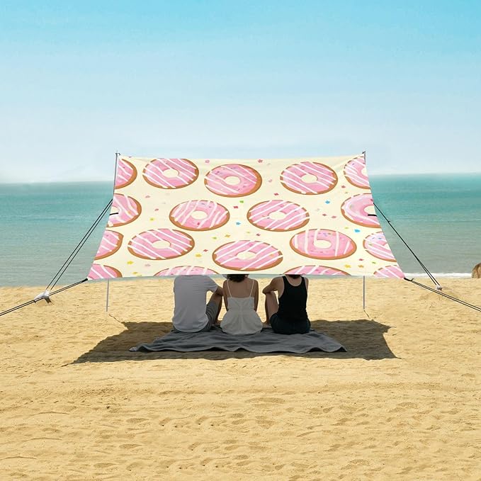 xigua Donut Beach Tent Sun Shelter with Carrying Bag - Silver Coated Oxford Fabric Beach Canopy for Beach Camping Fishing - Includes Windproof Ropes Sandbags &amp Stakes