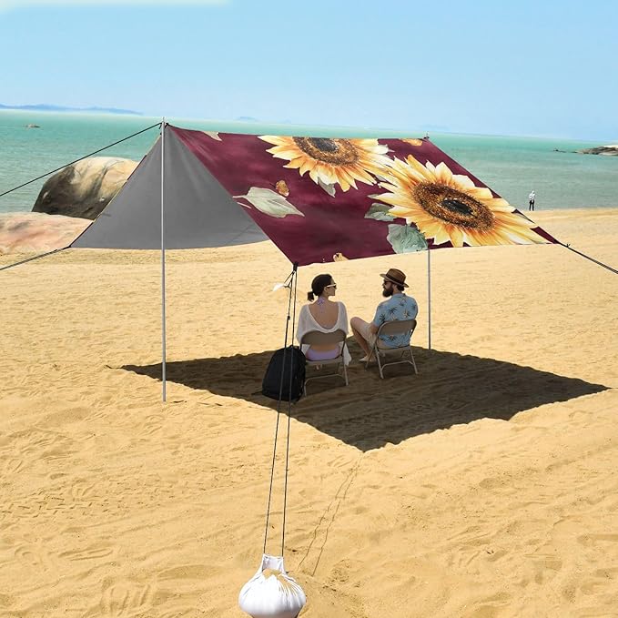 Tropical Sunflower Burgundy Foldable Beach Cabana UPF50 Waterproof Portable Sun Shelter with Sand Pockets for Backyard and Camping