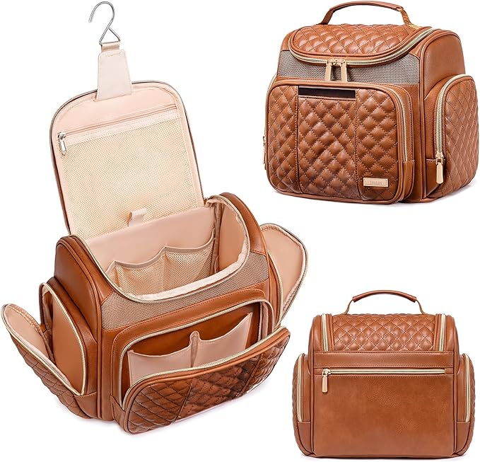 Large Leather Toiletry Bag for Women MenBathroom BagWater Resistant Shower BagMakeup BagPortable Shower Caddy for College DormHanging Travel Toiletry Bag with Transparent Waterproof Phone Pocket