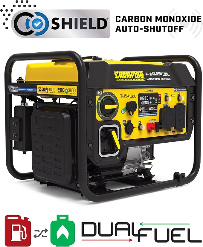 Champion Power Equipment 5500-Watt Dual Fuel RV Ready Portable Open Frame Inverter Generator with Quiet Technology and CO Shield CARB Compliant