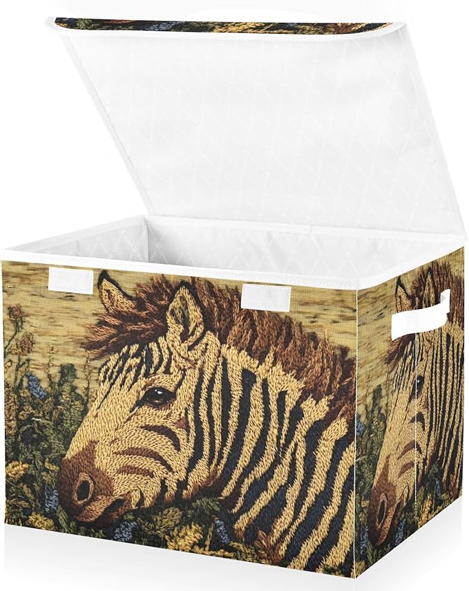 Storage Cube with Lid Art Zebra Print 16.5×12.6×11.8 IN Collapsible Large Capacity Foldable Storage Basket Bin Organizer