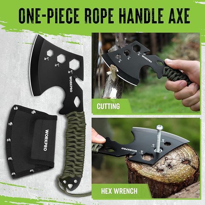 WORKPRO Machete and Camping Hatchet with Sheath Camping Axe and Fixed Blade Hunting Knives with Paracord Handle Headlamp Flint Camping Survival Tool Set for Hunting Hiking Outdoor Adventure