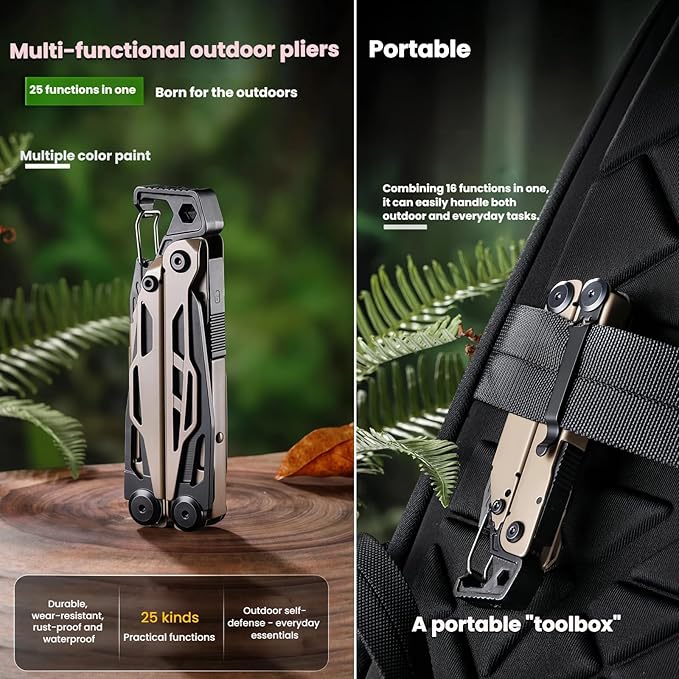 Multitool 25-in-1 Full-Size Lightweight EDC Camping Knives &amp Tools Multi-Purpose Pliers Folding Knife Outdoor Survival Gear Men Gift Ideas Gifts for Hunters Men who have Everything (Black）
