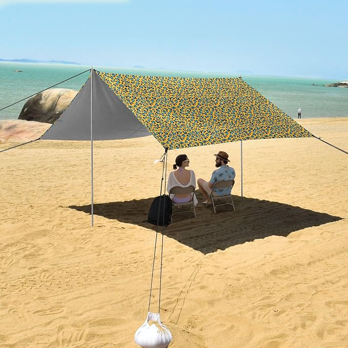 ALAZA Yellow &amp Blue Leopard Print Beach Tent Sun Shelter UPF50+ Protection Beach Shade Canopy w/ 4 Sandbags for Outdoor Camping Fishing Backyard Fun Picnic 10x9 ft