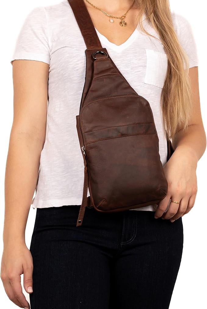 Lady Conceal - Dakota Unisex Leather Concealed Carry Sling Bag - Medium Frame Handgun - Concealment pockets with Magnetic Closure and Universal Holster Backpack (Dark Brown) - 7 L x 15 H x 2 D