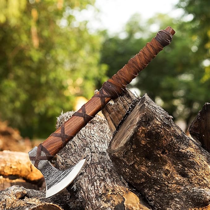 Generic | 27 and 3.5 lbs Custom Handmade Viking Axe of Ragnar Lothbrok Norsmen- Battle and Forest Hunting Hatchet Authentic Viking ax with Sheath Vikings Gifts (Ragnar Lothbrok Axe) Brown