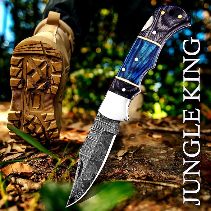 Pocket Knife 2.92 Drop Point Damascus Steel Blade Folding Knife with Blue &amp Black Wood Handle Back Lock EDC Knives with for Men Women GK-751 (Black &amp Blue)