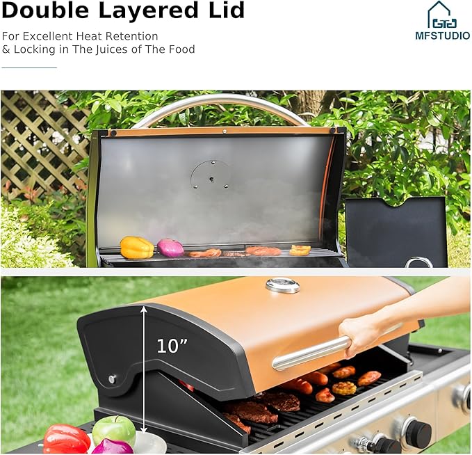 MFSTUDIO 4-Burner Propane Gas Grill Stainless Steel BBQ Grill with Side Burner and Porcelain-Enameled Cast Iron Grates High Output Gas BBQ Grills for Barbeque and Outdoor Cooking Gold
