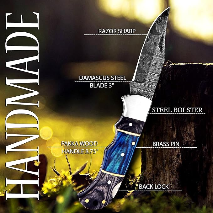 Pocket Knife 2.92 Drop Point Damascus Steel Blade Folding Knife with Blue &amp Black Wood Handle Back Lock EDC Knives with for Men Women GK-751 (Black &amp Blue)