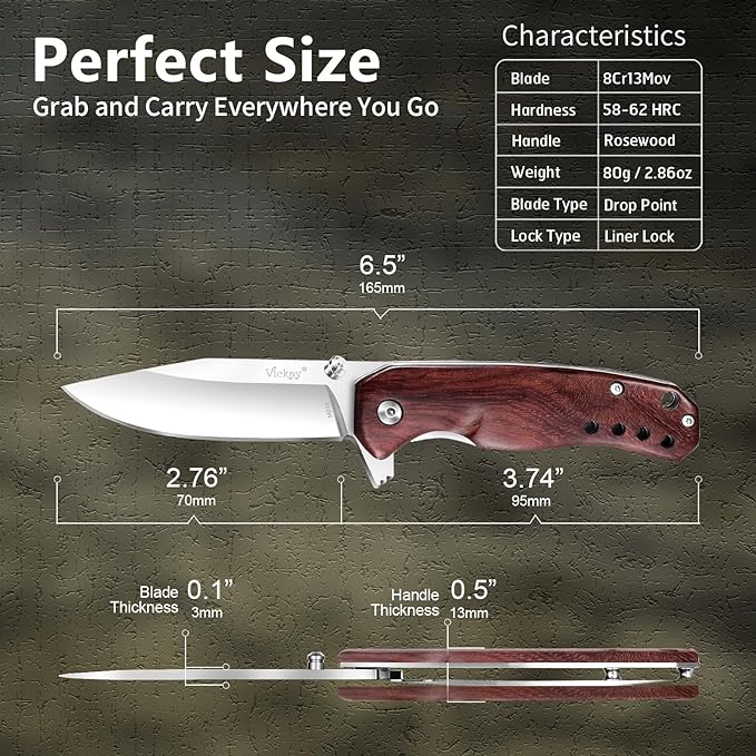 Vickay Pocket Knife for Men Folding Knife for Women with Clip 2.9inch 8Cr13MoV Steel Blade Wood Handle EDC Knife for Camping Tactical Hunting Camping Hiking and Everyday Carry