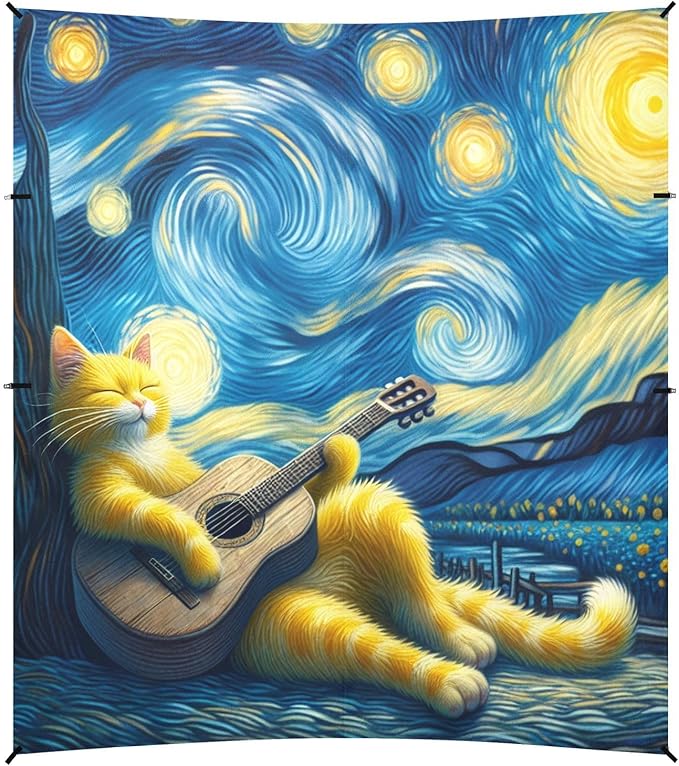 Starry Night Guitar Cat Beach Tent Sun Shelter Set UPF50+ UV Protection 10.5 x 9.19 FT Camping Shade Canopy with Sandbags Sand Anchors Carrying Bag and Others