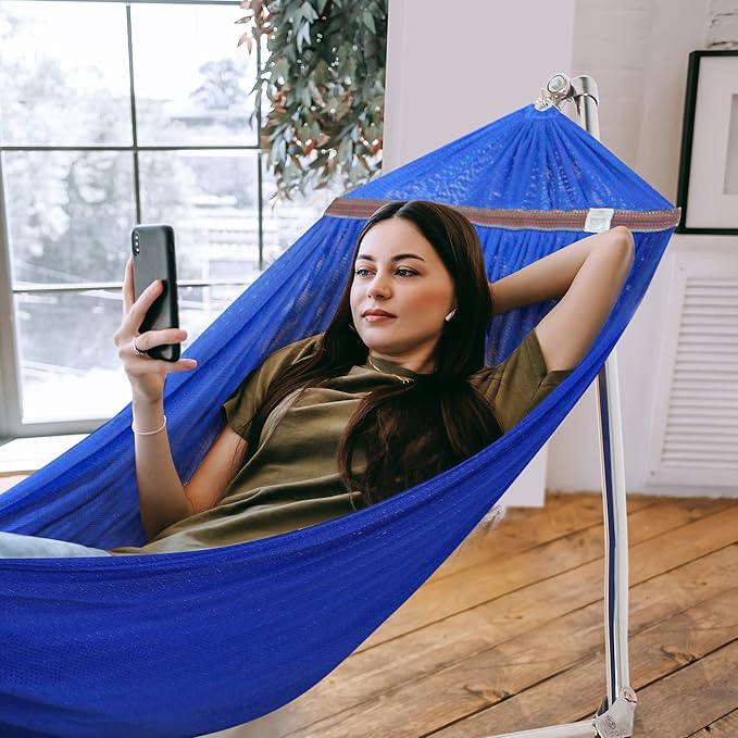 Tranquillo 650 lbs Capacity Double Hammock Stand for 2 Persons Adjustable Hammock Collapsible Camping Hammock and Stand Signature Stainless Steel Stand Breathable Polyester Hammock Net Pearl Blue