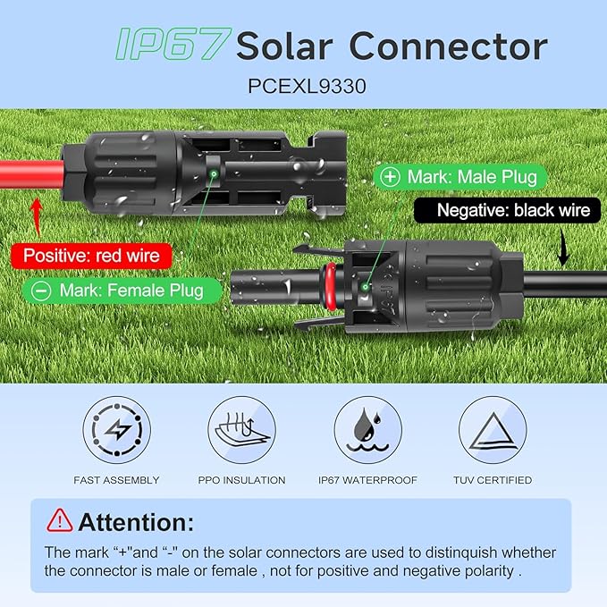 Solar Panel Extension Cable 20Ft 10AWG Waterproof &amp Tinning Male to Female Solar Extender Cord for Photovoltaic Systems （20FT Red +20FT Black