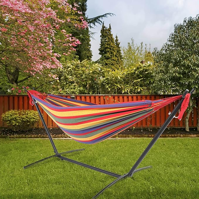 Black Steel Pipe Hammock Frame with 200X150cm Polyester Cotton Hammock Four Red Strip Natural Rope Iron Hammock Set