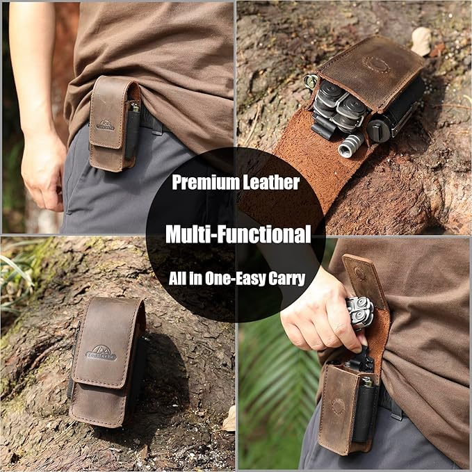Topstache Multitool Sheath for Men - Belt Leather Multitool Holster - EDC Belt Organizer for Leatherman Gerber - Magnetic Closure Multitool Pouch Fits Folding Tool Darkbrown