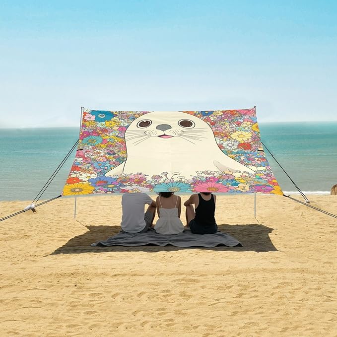 Funny Seal Foldable Beach Tent UPF50 Waterproof Large Sun Shelter with Sandbags Sand Shovel Poles for Backyard and Camping